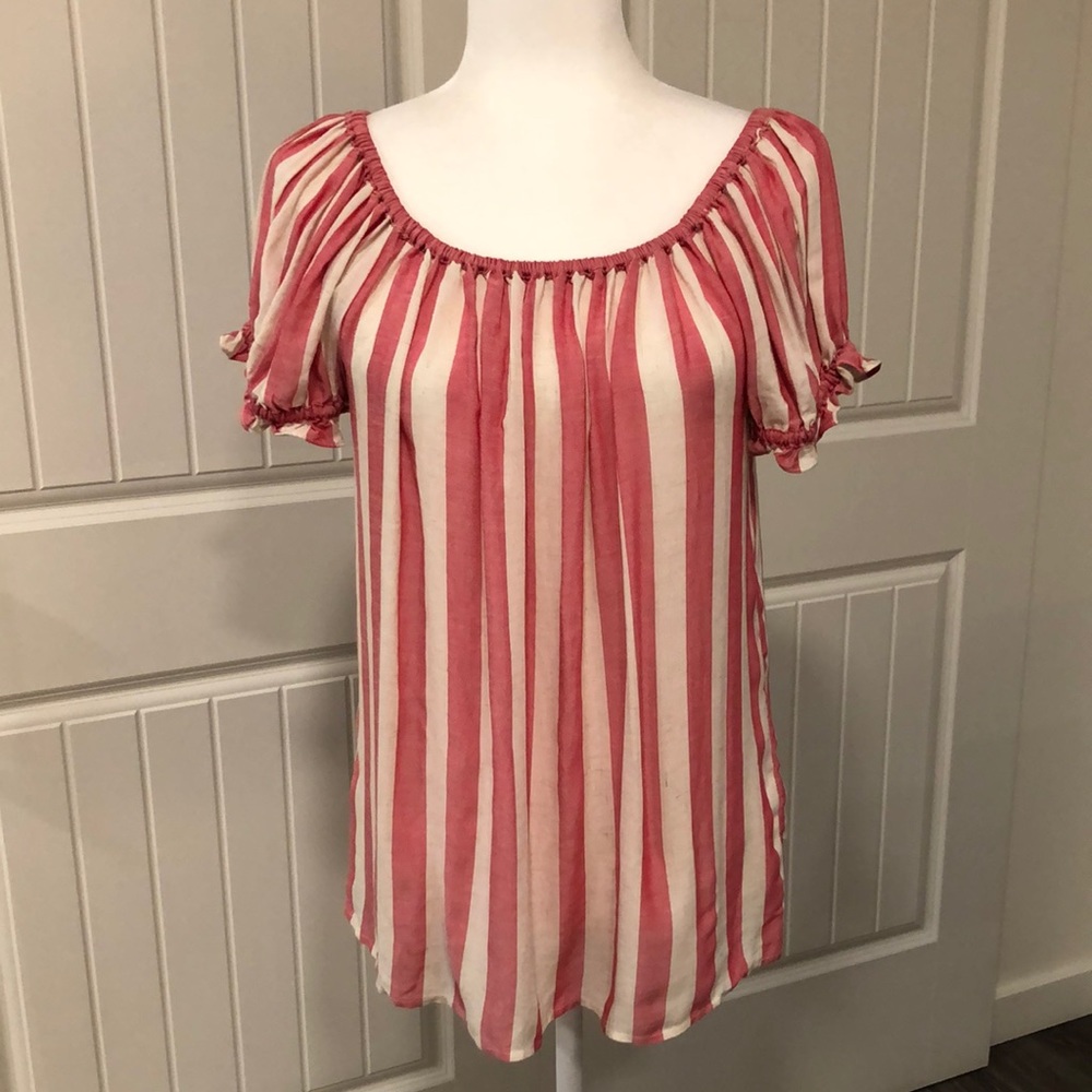 Max Studio Linen Blend Red/Cream Wide Striped Top NWOT
